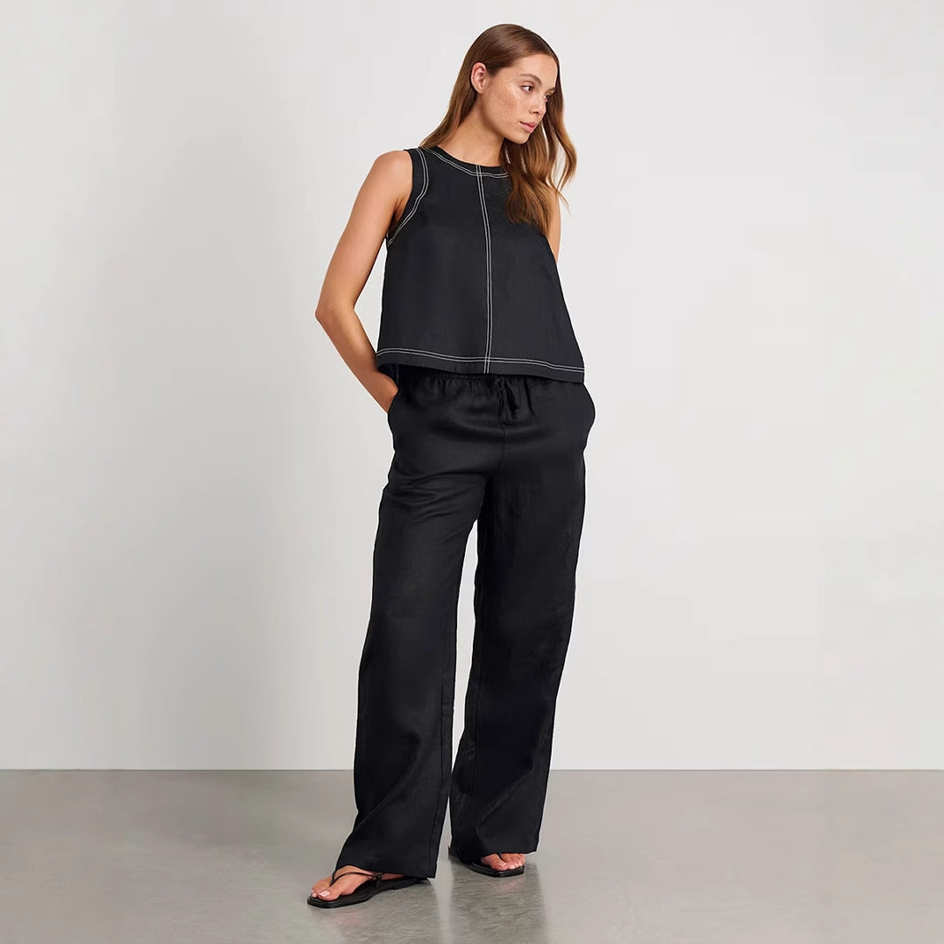 Cotton Linen Vest Pants Set Spring Summer Wide Leg Pants Sleeveless Vest Casual Set Women - ALZO