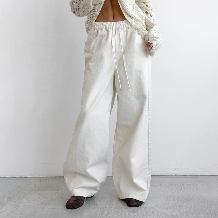 Casual Elegant White Loose Pure Cotton Tied Mid Waist Wide Leg Pants Autumn Winter Classic Trousers - ALZO