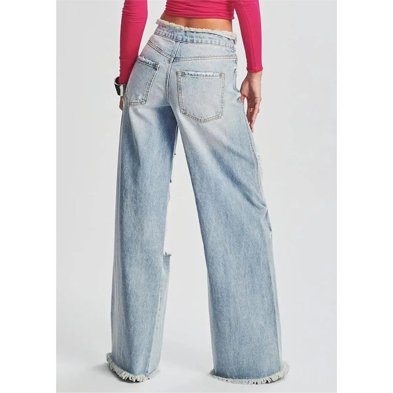 Ladies Jeans Ripped Irregular Asymmetric Side Turn Waist Wide Leg Trousers Women - ALZO