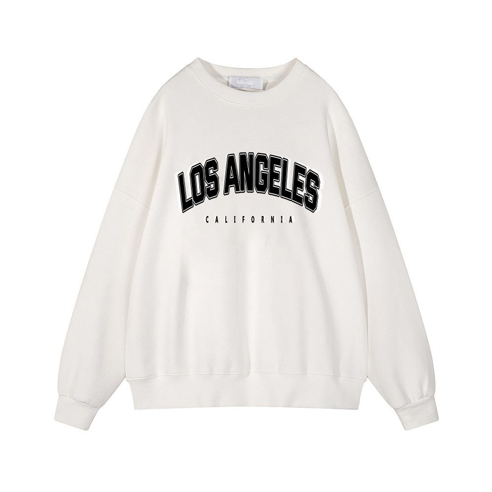 Autumn Winter Printed Loose Sweatshirt Retro Letter Graphic Pattern Fleece lined Long Sleeve Top - ALZO