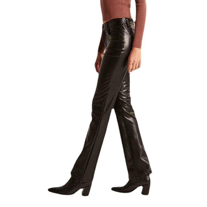 Autumn Winter Straight Leather Pants Women Long Casual Low Waist Faux Leather Women Pants Trousers