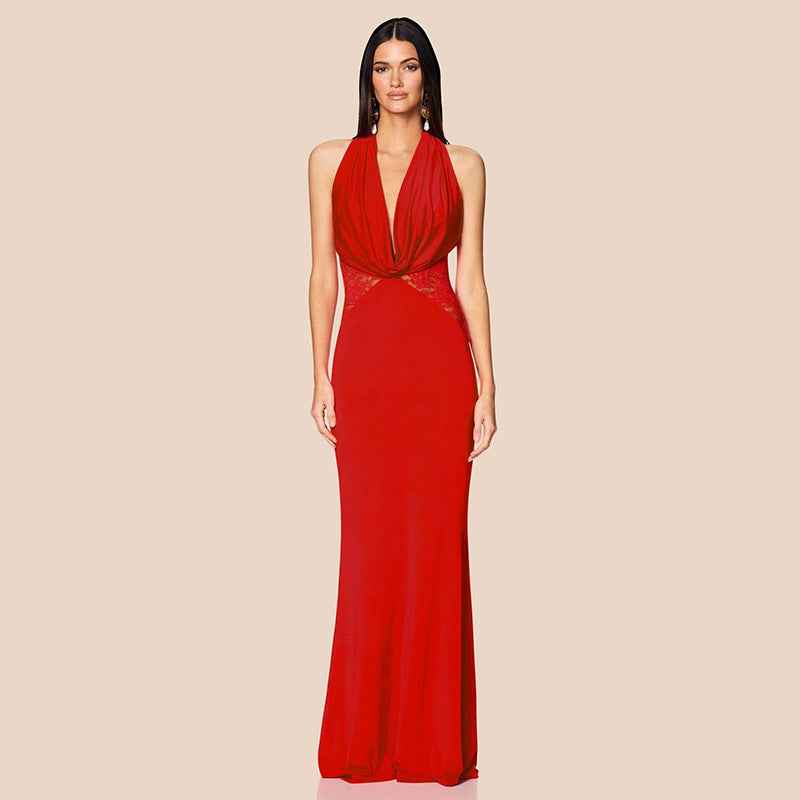 Dress Lace Stitching Elegant Halter V neck Backless Waist Trimming Slimming Fishtail Hip Dress Floor Length Dress