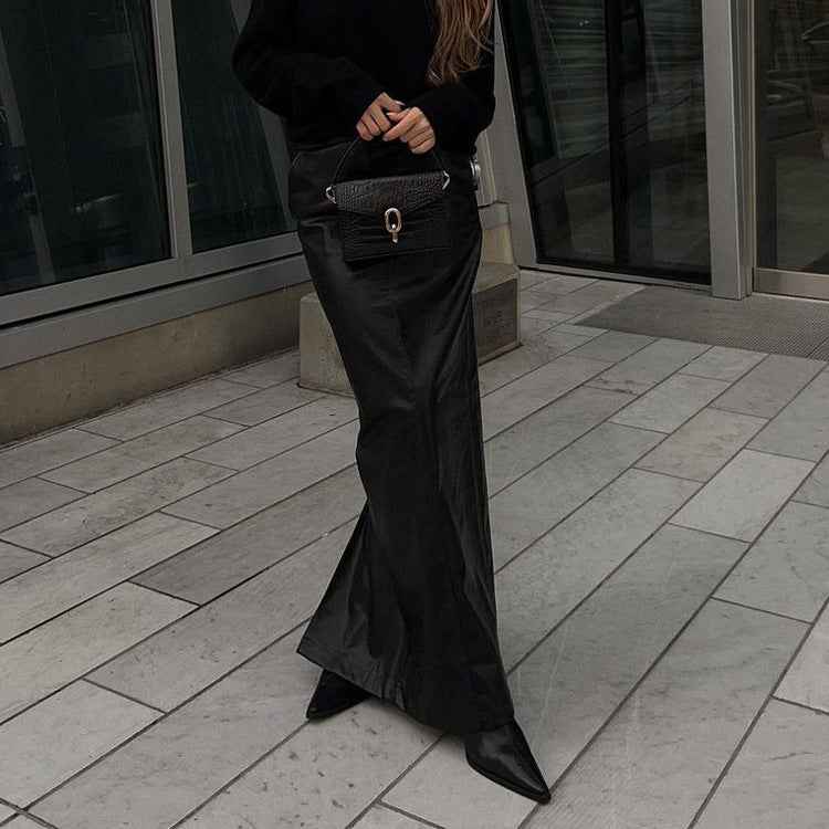 Autumn Winter Women Clothing Black Skirt Trendy Split Faux Leather Skirt Sheath Fishtail Dress