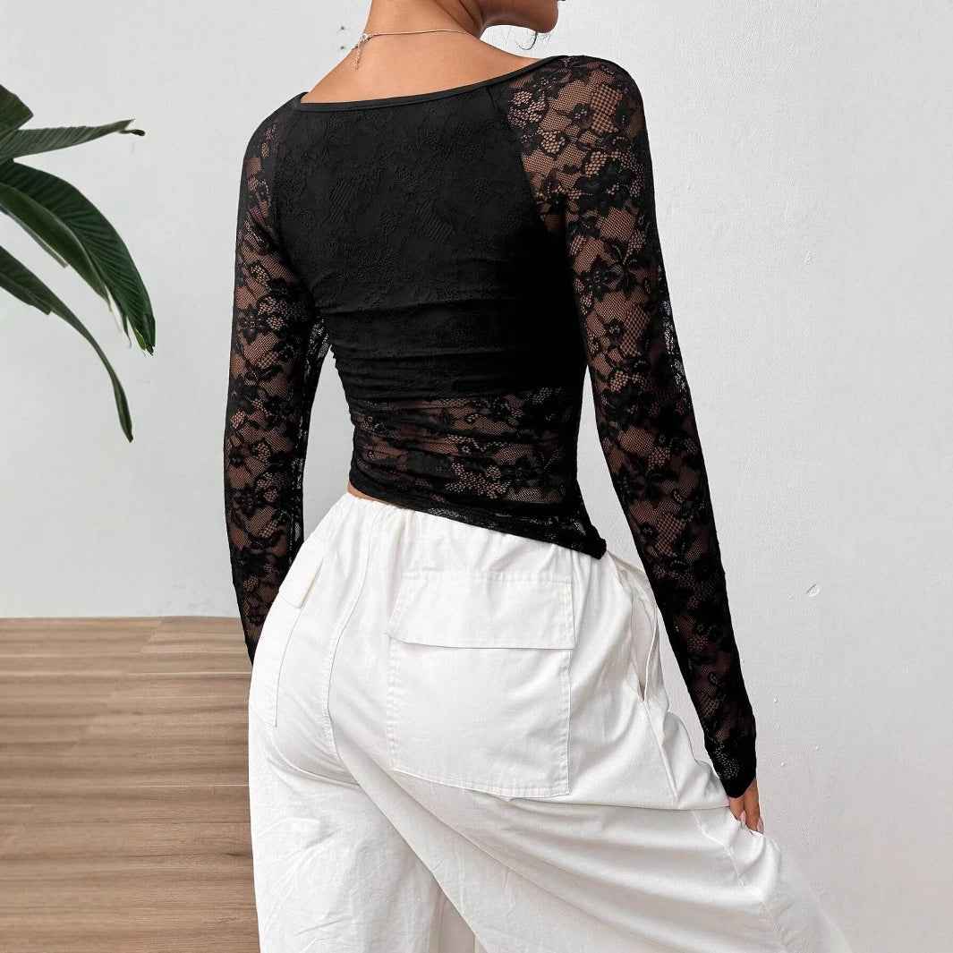 Elegant Women Lace U Collar Asymmetric Hem Design Long Sleeve T Shirt Top Women