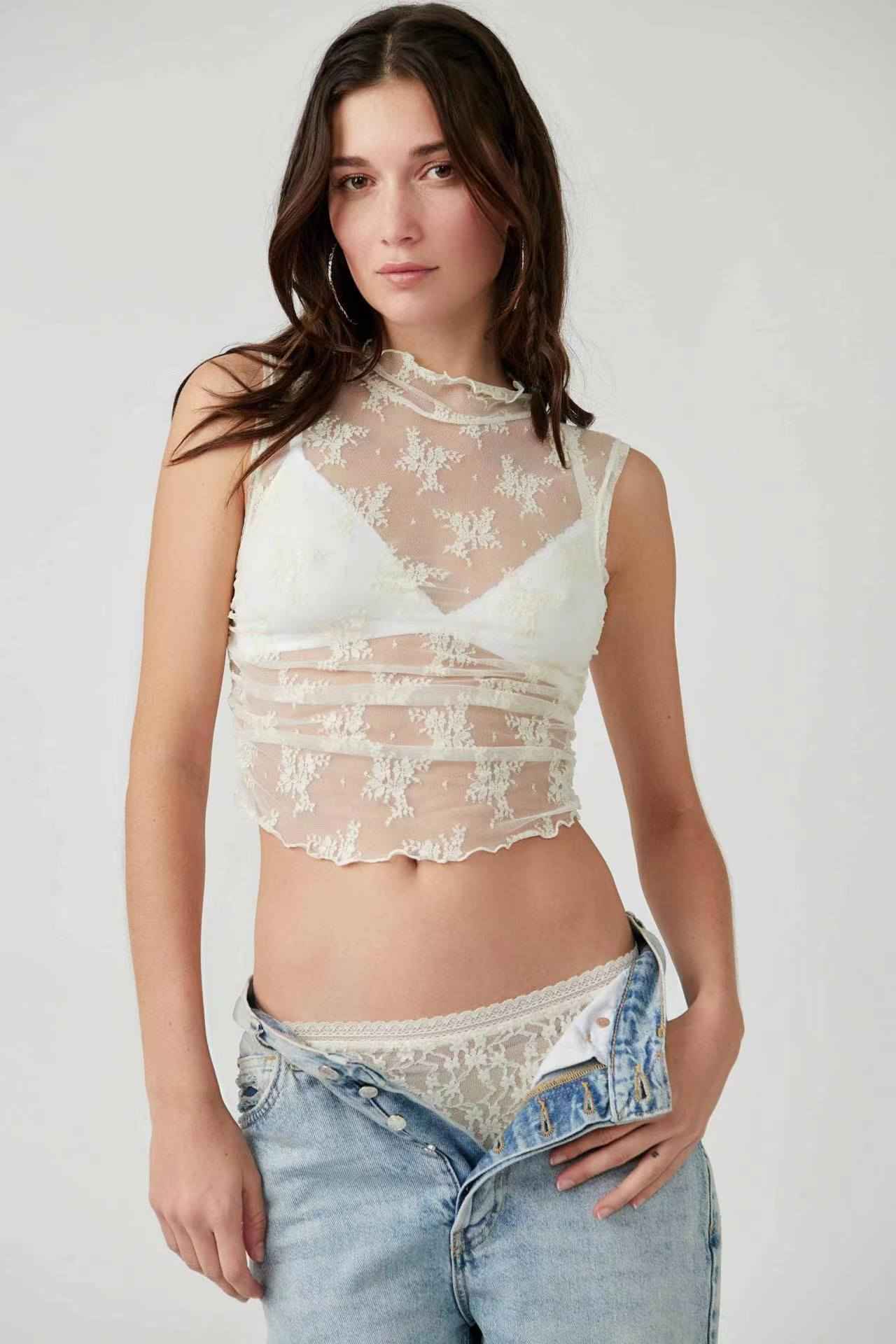 Summer Sexy Design Lace Women Inner Top Fashionable See Through Mesh Vest Women