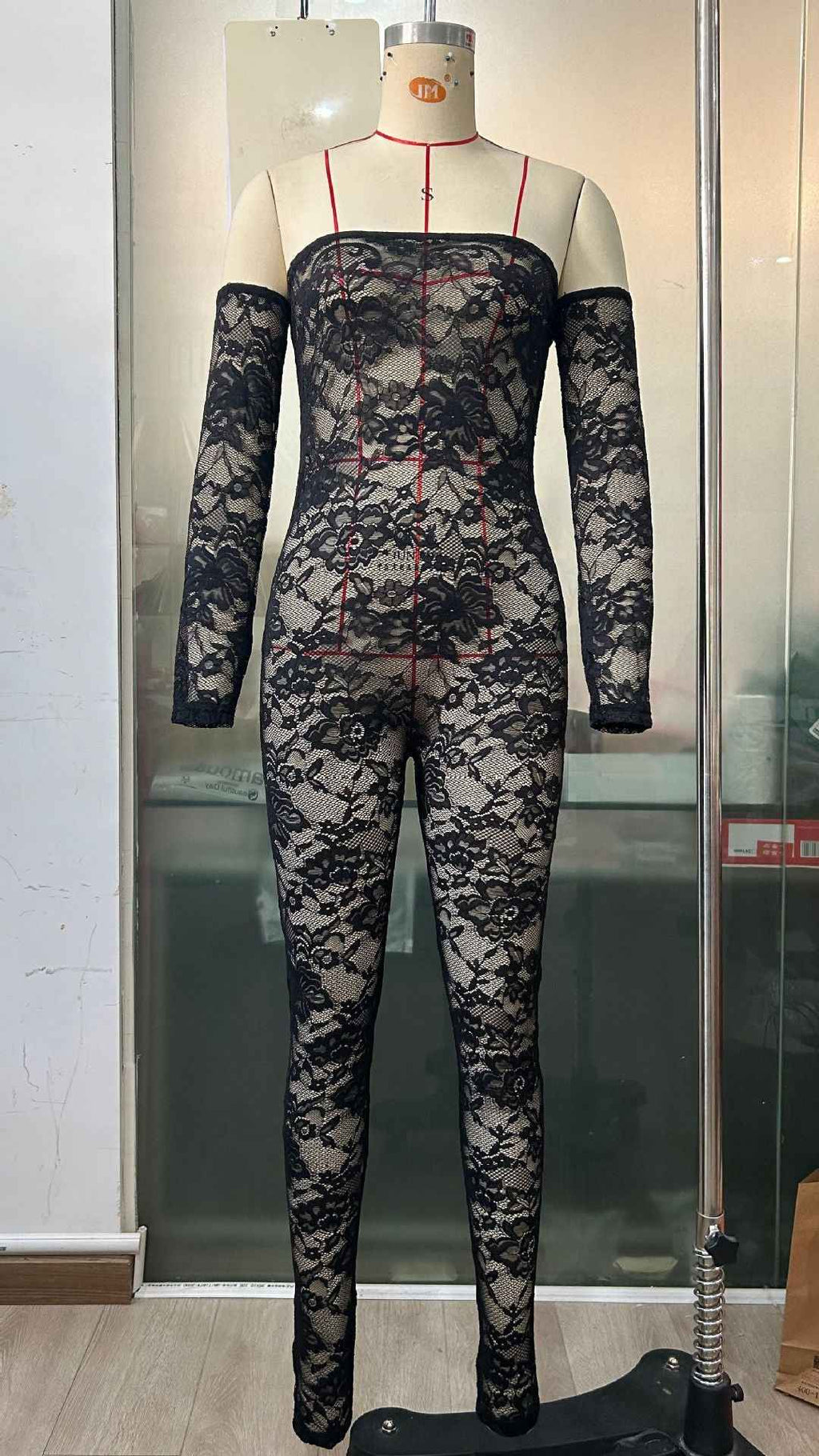 Sexy See through Wrapped Chest Long Sleeve Lace off Shoulder Tube Top Tight Jumpsuit
