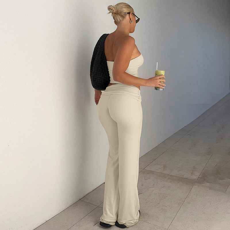 Women Clothing Autumn Solid Color Tube Top Top Flared Pants Slim Fit Suit Women