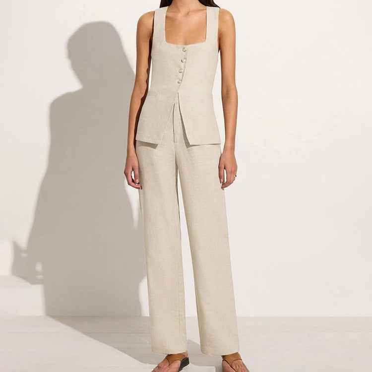 Cotton Linen Women Office Sleeveless Square Collar Lace up Vest Jacket High Waist Wide Leg Pants Two Piece Set