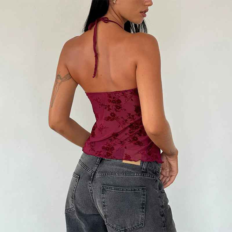 Sexy Top Spring Summer Flocking Vintage Printed Sexy Halterneck Vest