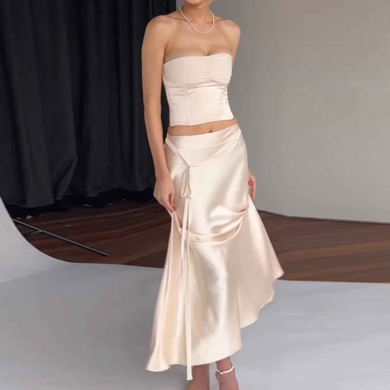 Summer Satin Maxi Dress Tube Top Solid Color Backless Lace Up Sexy Skirt Set