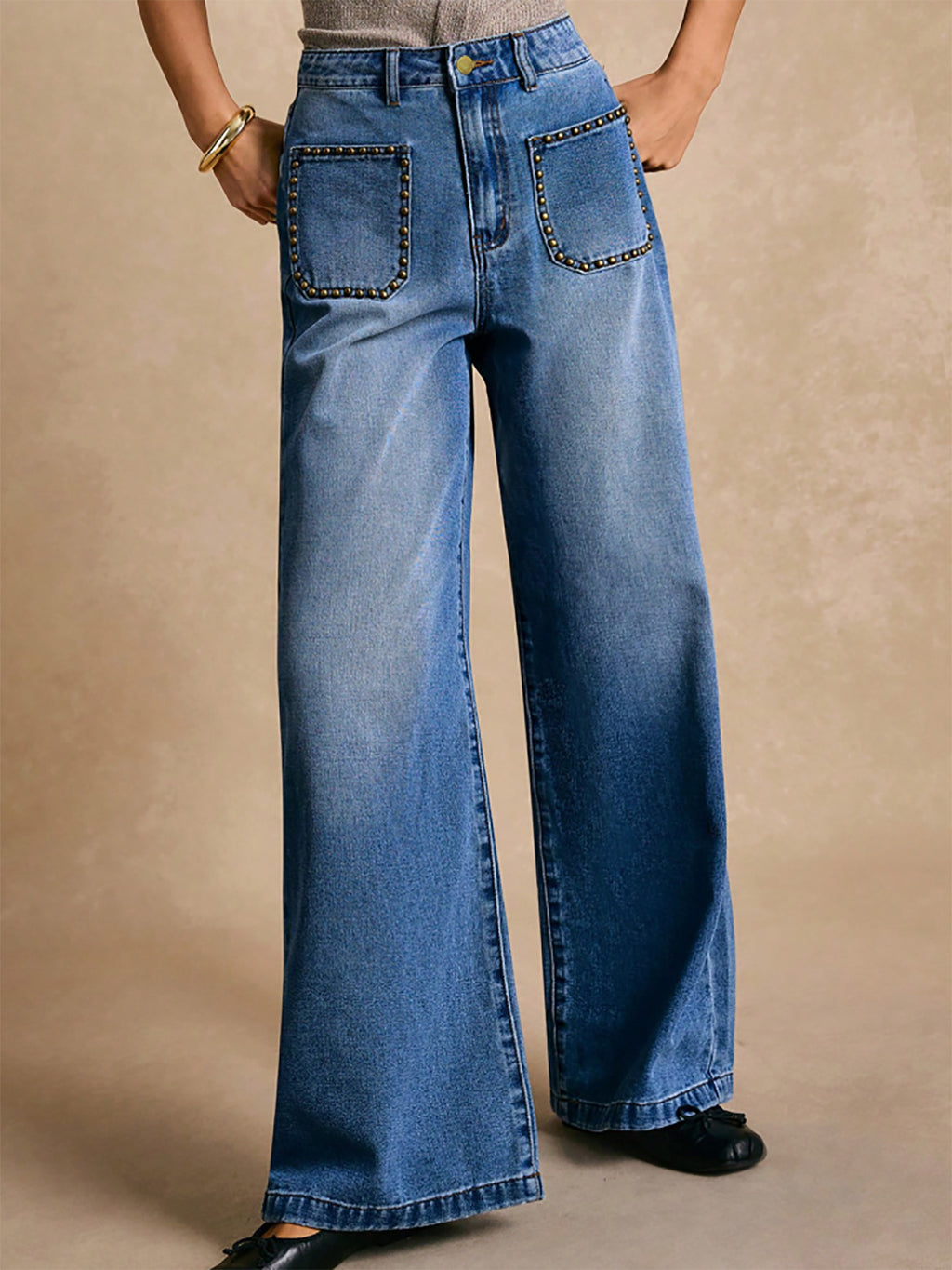 Rivet Inlaid Pocket Wide Foot Mouth Washed Denim Slim Straight Trousers - ALZO