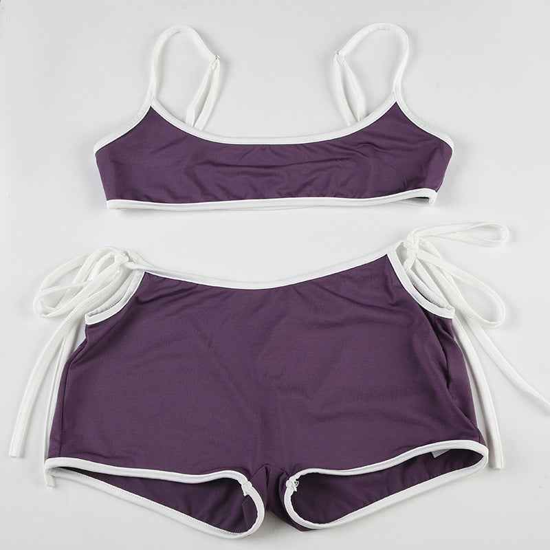 Split Suspender Shorts Suit Edge Contrast Color Sexy Waist Hollow Out Cutout out Sexy Casual Sports Two Piece Sets