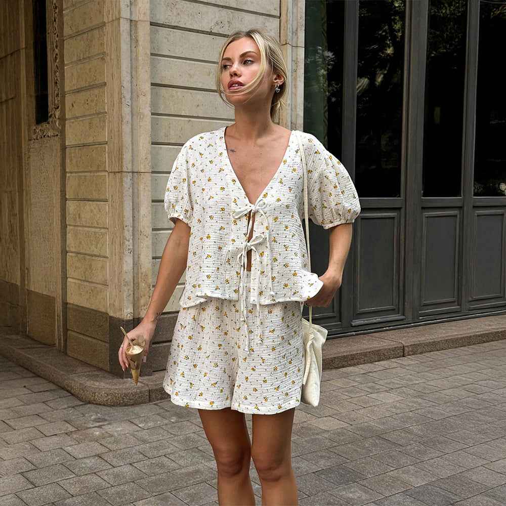 Cotton Print Short Sleeve Shorts Set Summer Lace up Puff Sleeve Loose Shorts Sets