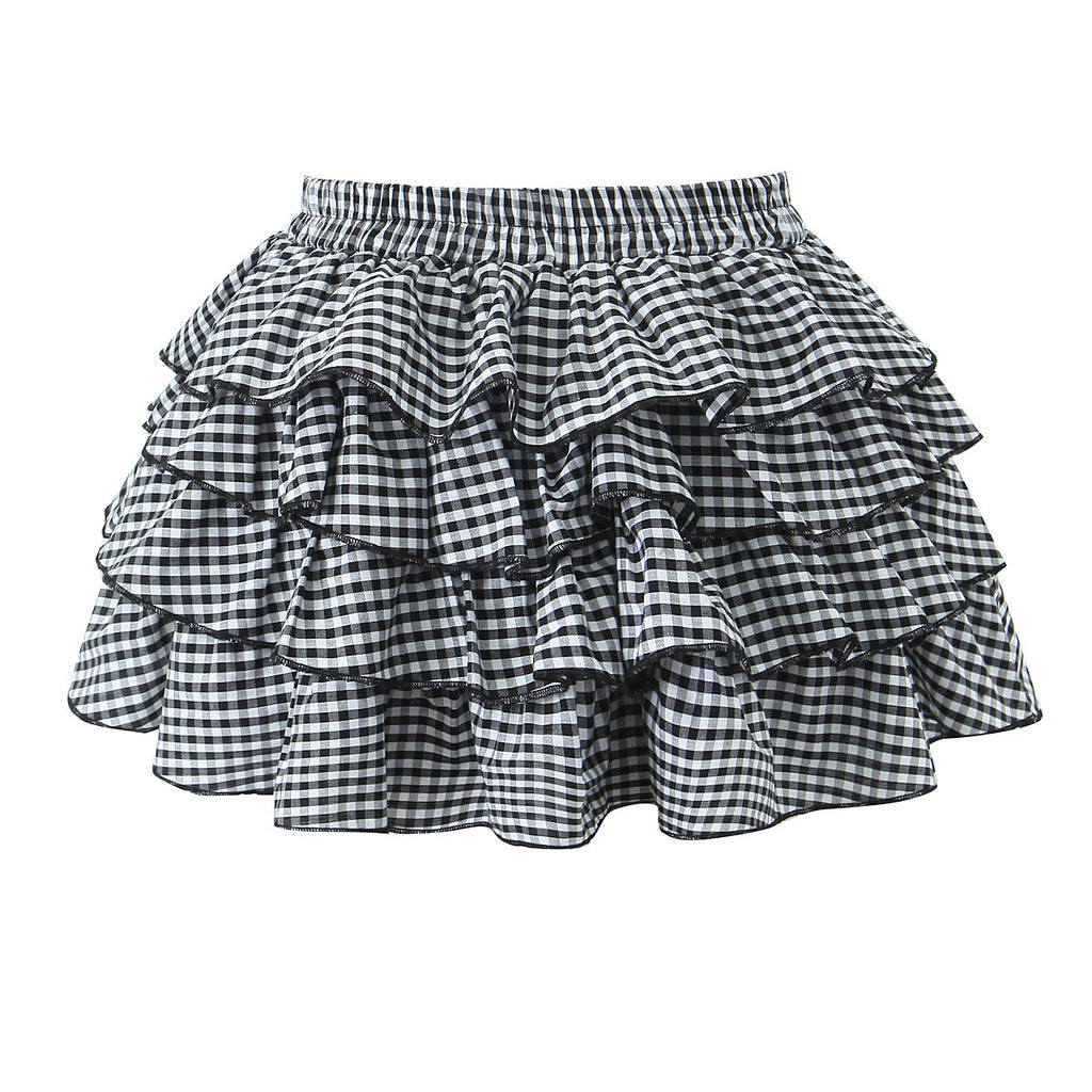 Retro Plaid Cake Short Skirt Women Sweet Sexy Elastic High Waist Ruffles Bubble Skirt - ALZO
