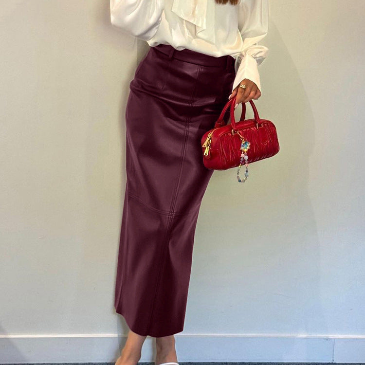 Women Clothing High Waist Split Skirt Women Faux Leather Wine Red Long Sheath Skirt - ALZO