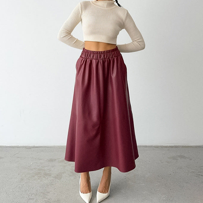 Wine Red Fleece lined Artificial Leather a Swing High Waist Skirt Autumn Winter Leather Skirt - ALZO