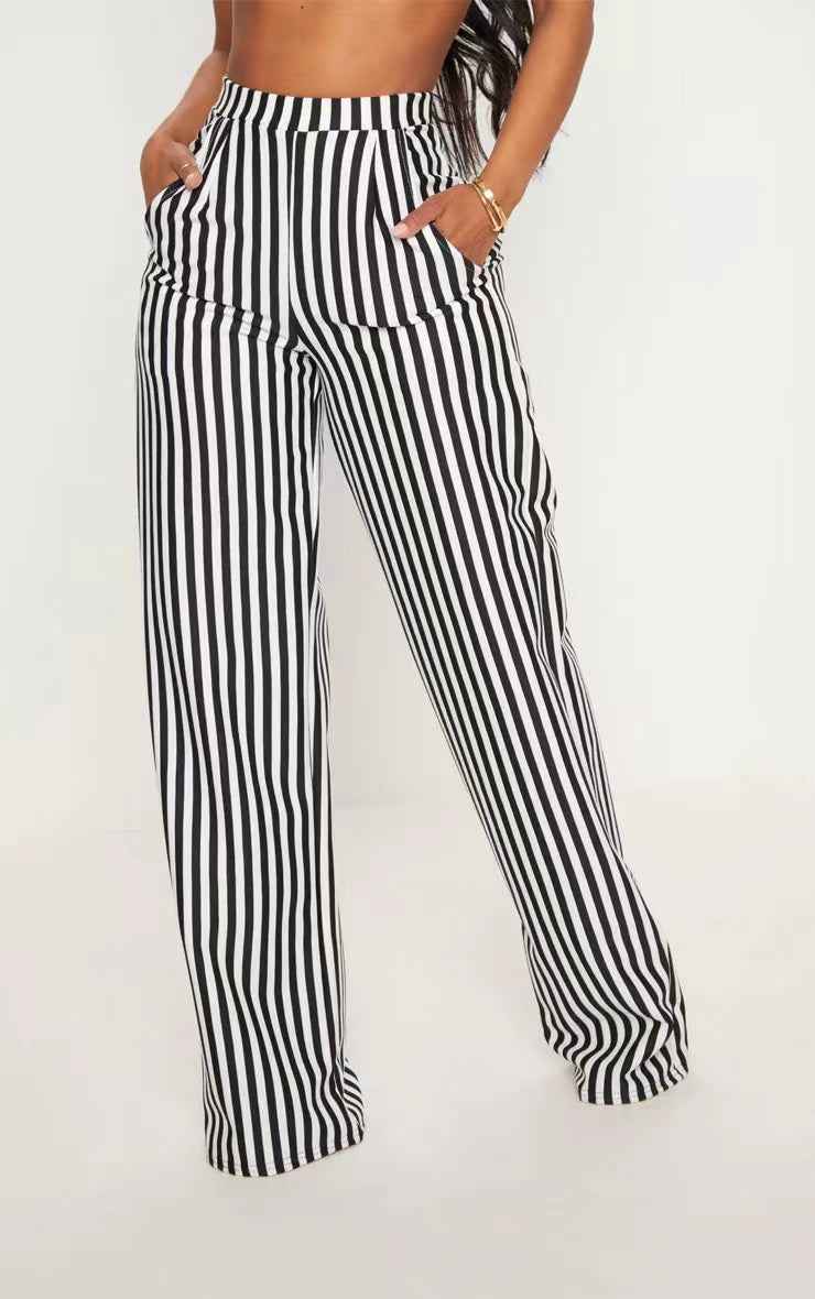 Women Clothing Black Striped Printed High Waist Straight Casual Wide Leg Pants