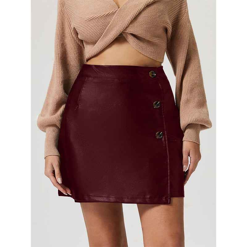 Women Clothing All Match Sexy Sheath Button Faux Leather Half Length