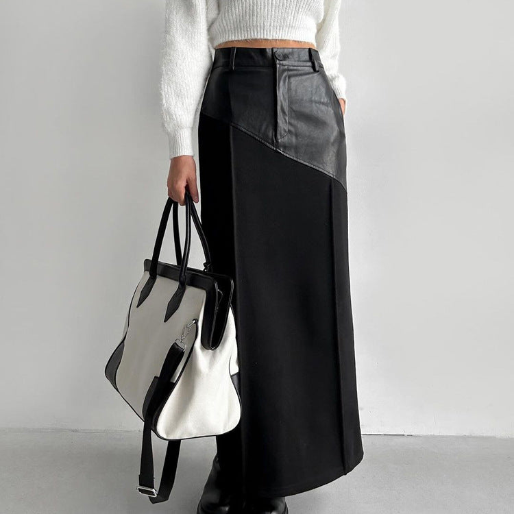 Women Clothing Retro Faux Leather Stitching Design Half Length Skirt Women Wild High Waist Slit Hip Skirt - ALZO