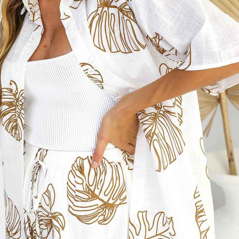 Spring Women Stylish Loose Short Sleeve Shirt Top Loose Shorts Two Piece Set
