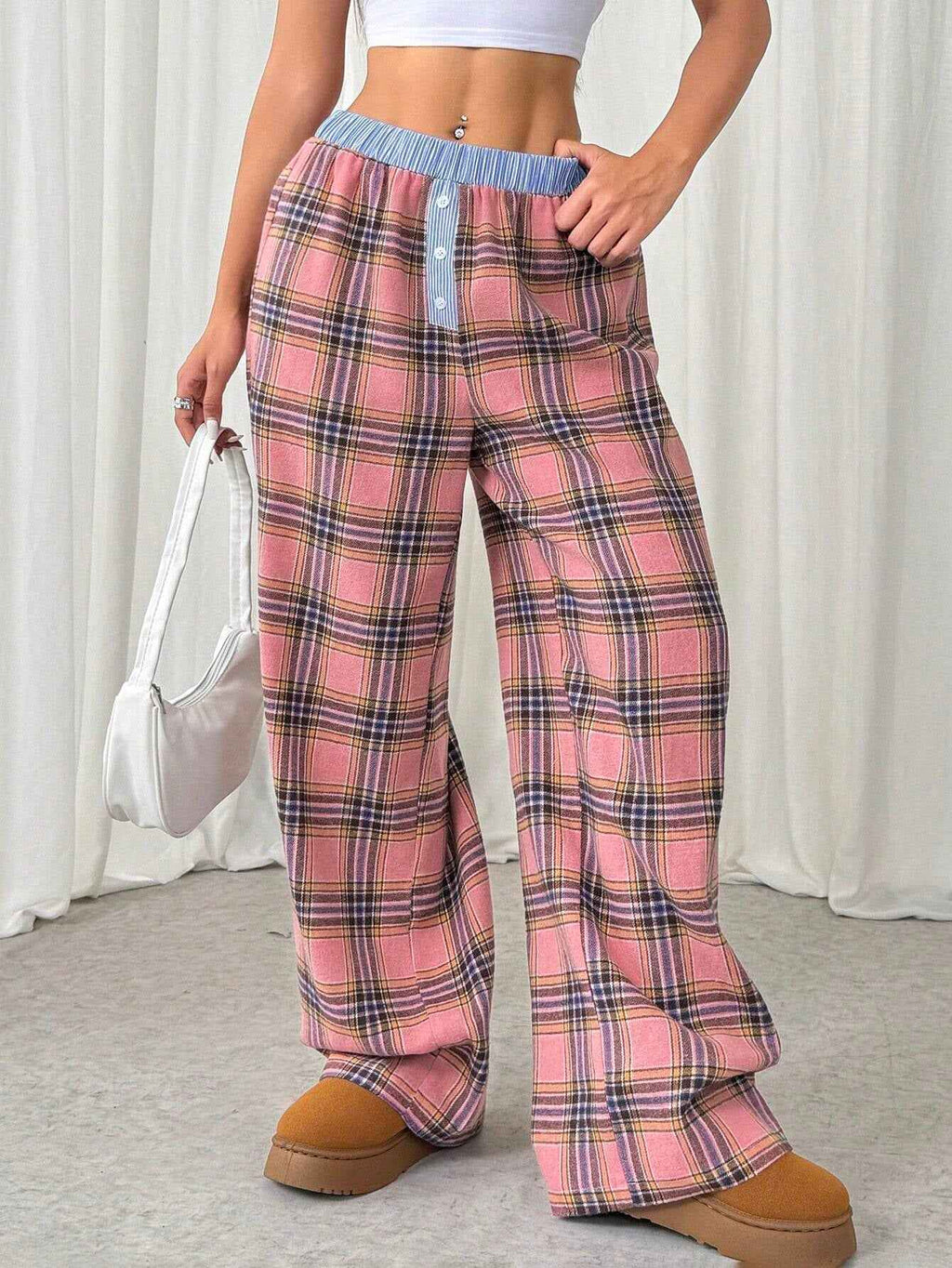 Millennium Sexy Sweet Cool Plaid Color Block Stitching Waist Head Straight Leg Trousers