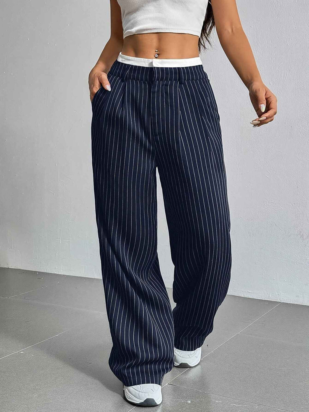 Autumn Winter Casual High Waist Stitching Work Pant Simple Loose Drooping Straight Leg Pants
