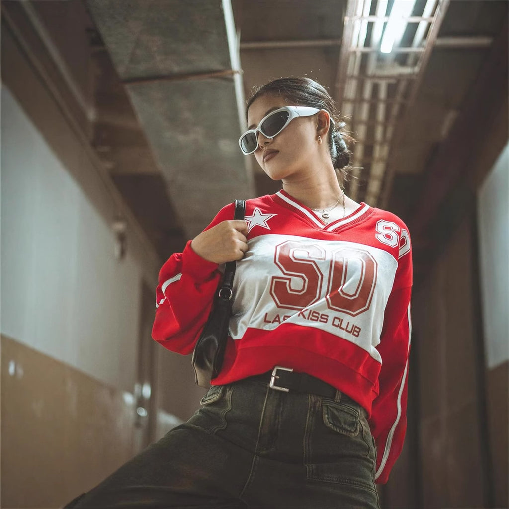 Autumn Letter Graphic Printing Sports Jersey Loose V Collar Contrast Color Long Sleeve Top Women - ALZO