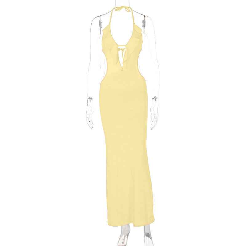 Women Clothing Summer Sexy Close Fitting Slim Fitting Solid Color Halter Sling Dress