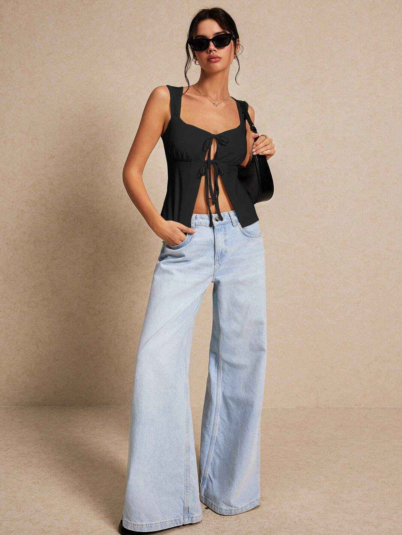Spring Summer Women Clothing Sexy Intellectual Vest Lace up Cardigan Design Blouse