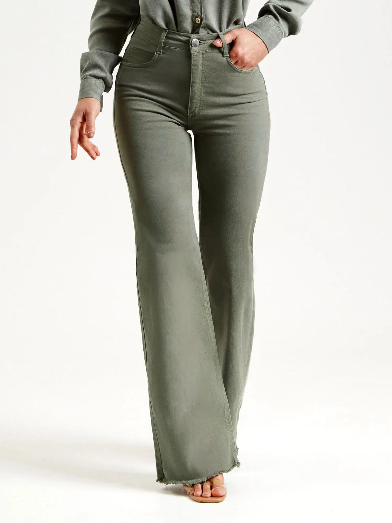 Slim Fit Stretch Solid Color Frayed Flared Pants Women Jeans - ALZO