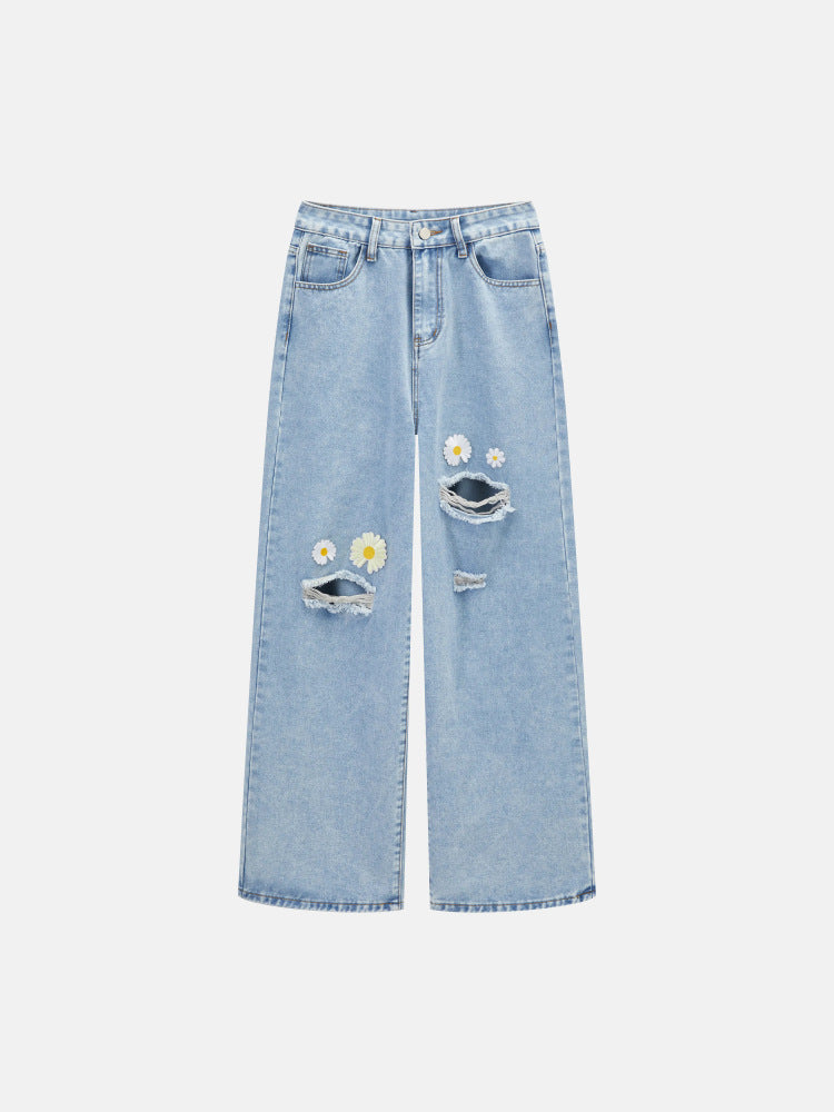 Women Wear Daisy Embroidery Ripped Loose Wide Leg Denim Trousers Women Jeans - ALZO