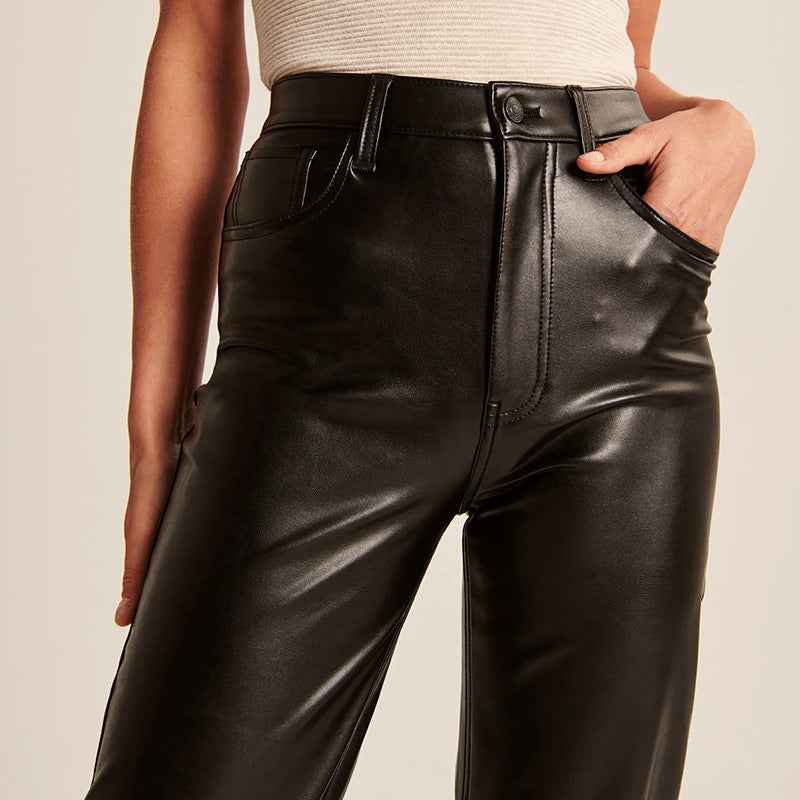 Autumn Winter Straight Leather Pants Women Long Casual Low Waist Faux Leather Women Pants Trousers