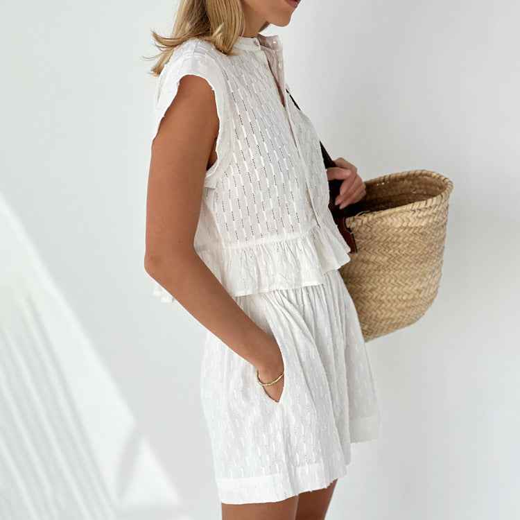 【MOQ-5 packs】 Summer Jacquard Short Sleeve Sense of Design Shirt Casual Office Shorts Set for Women