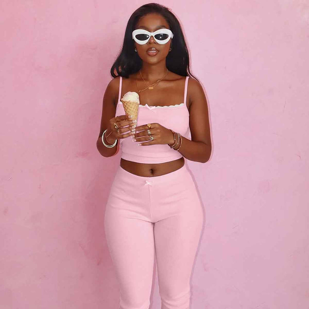 Women Clothing Spring Summer Lace Lace Spaghetti Strap Top Slim Shorts Set