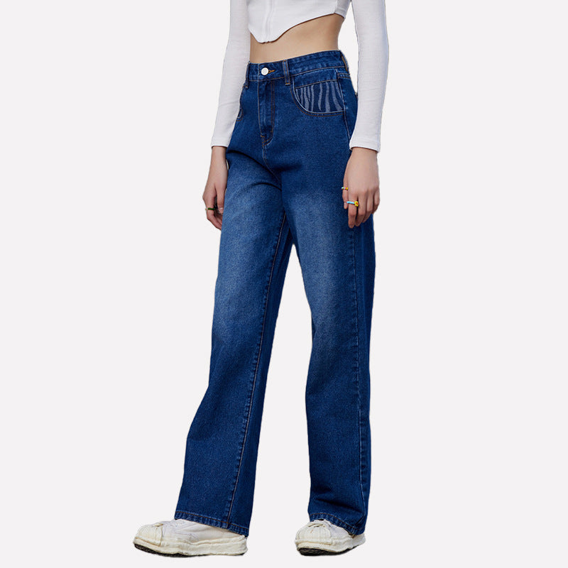 Jeans Women Zebra Pattern Contrast Color Loose Denim Trousers Jeans - ALZO