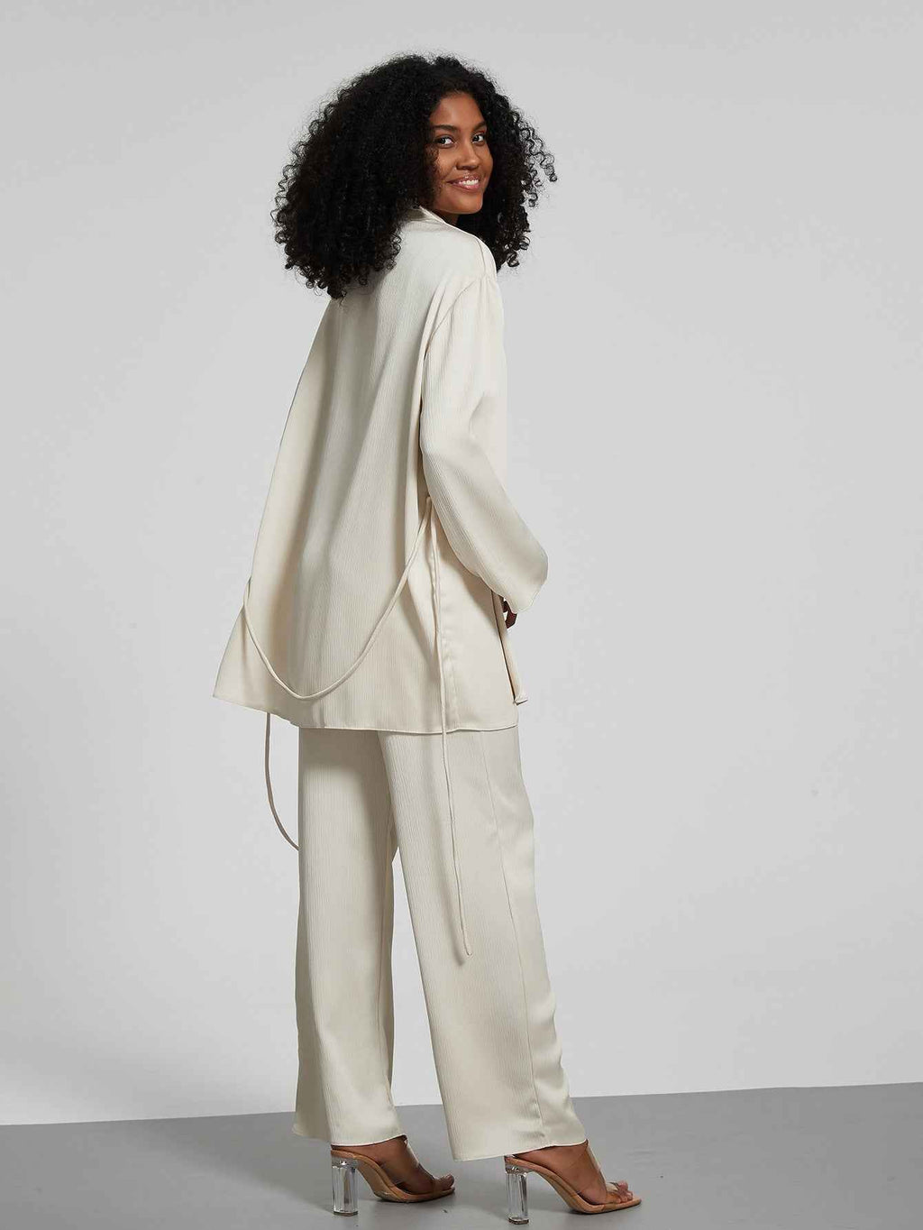 Women Clothing Two Piece Sets Collared Tied Tight Waist Pleated Coat Top Loose Trousers Autumn
