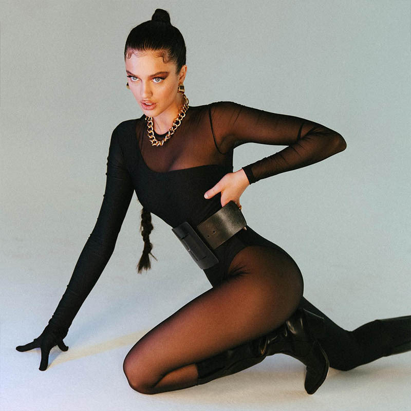 Round Neck Long Sleeve Mesh Irregular Asymmetric Stitching Street Long Jumpsuit Women - ALZO
