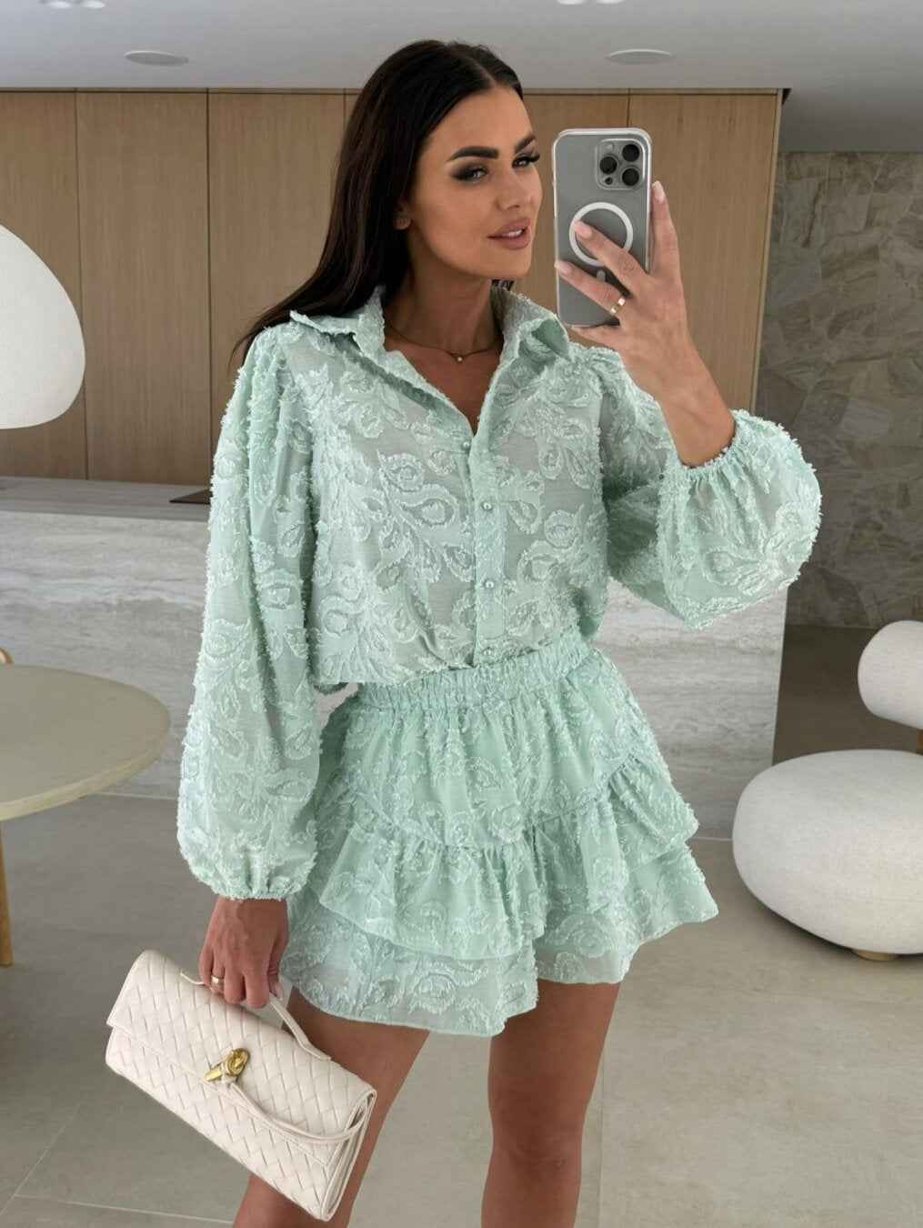 Women Summer Lace Hollowed Casual Long Sleeve Set