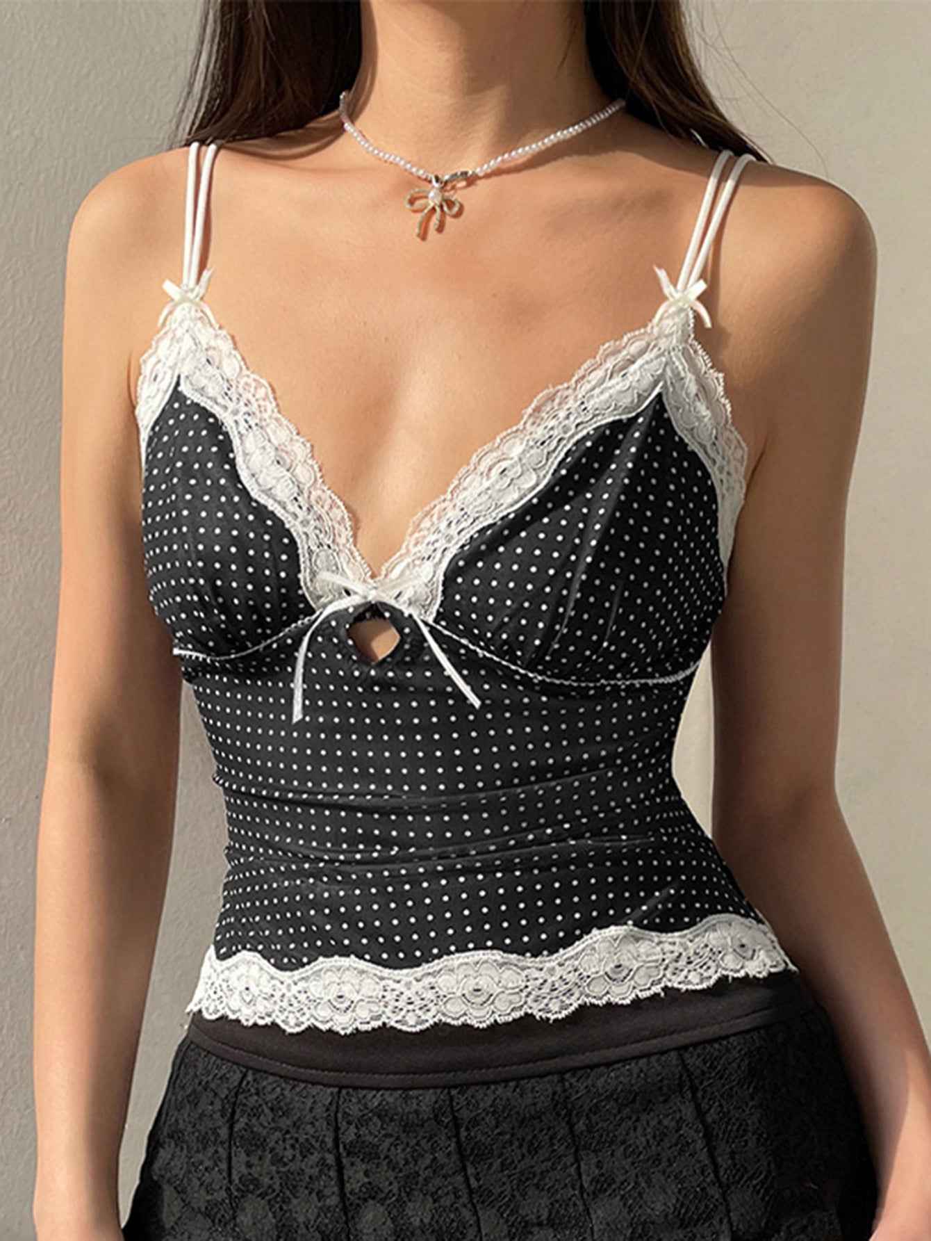 Spring Summer Sexy Sexy Hollow Out Cutout out V neck Backless Strap Top Lace Stitching Polka Dot Vest