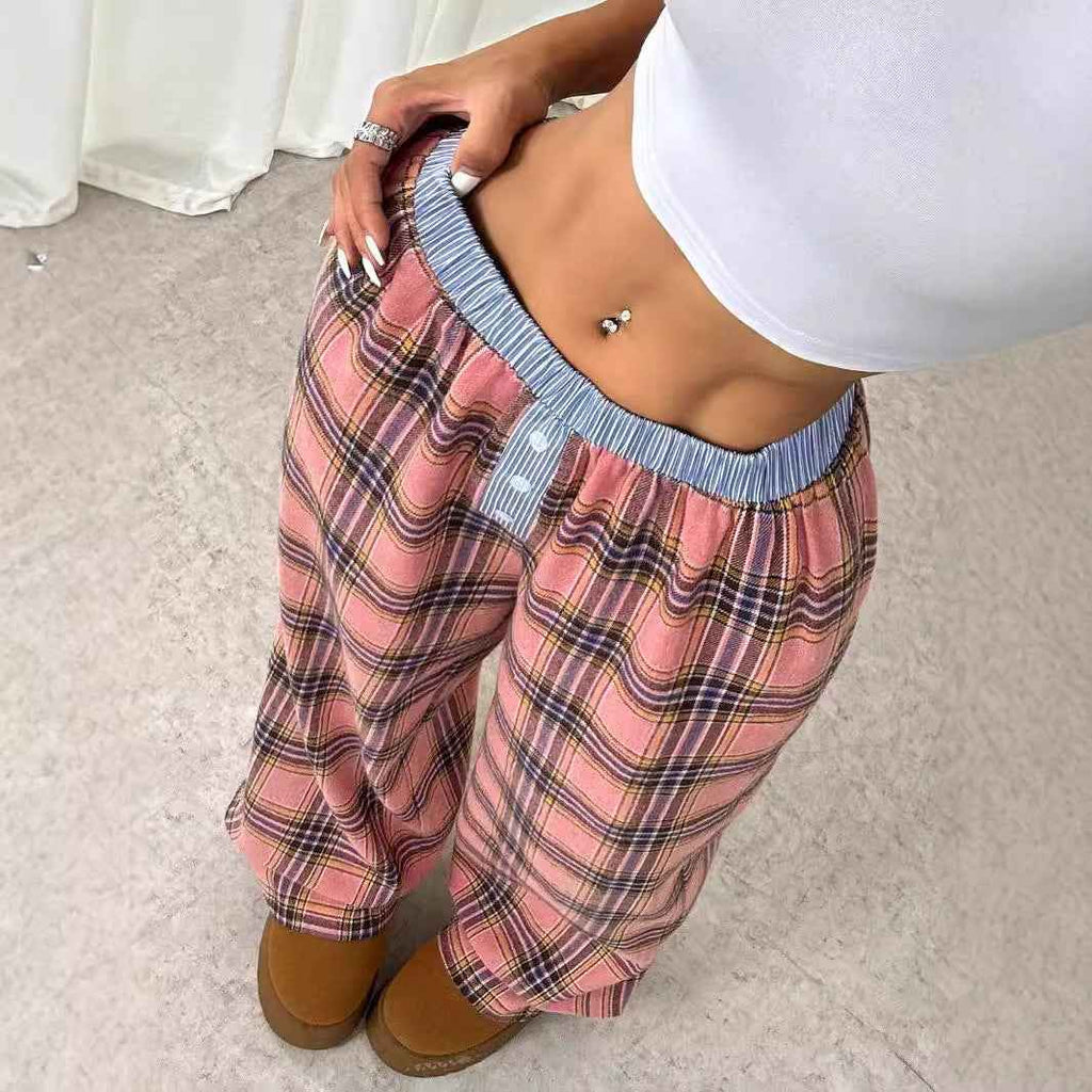 Millennium Sexy Sweet Cool Plaid Color Block Stitching Waist Head Straight Leg Trousers