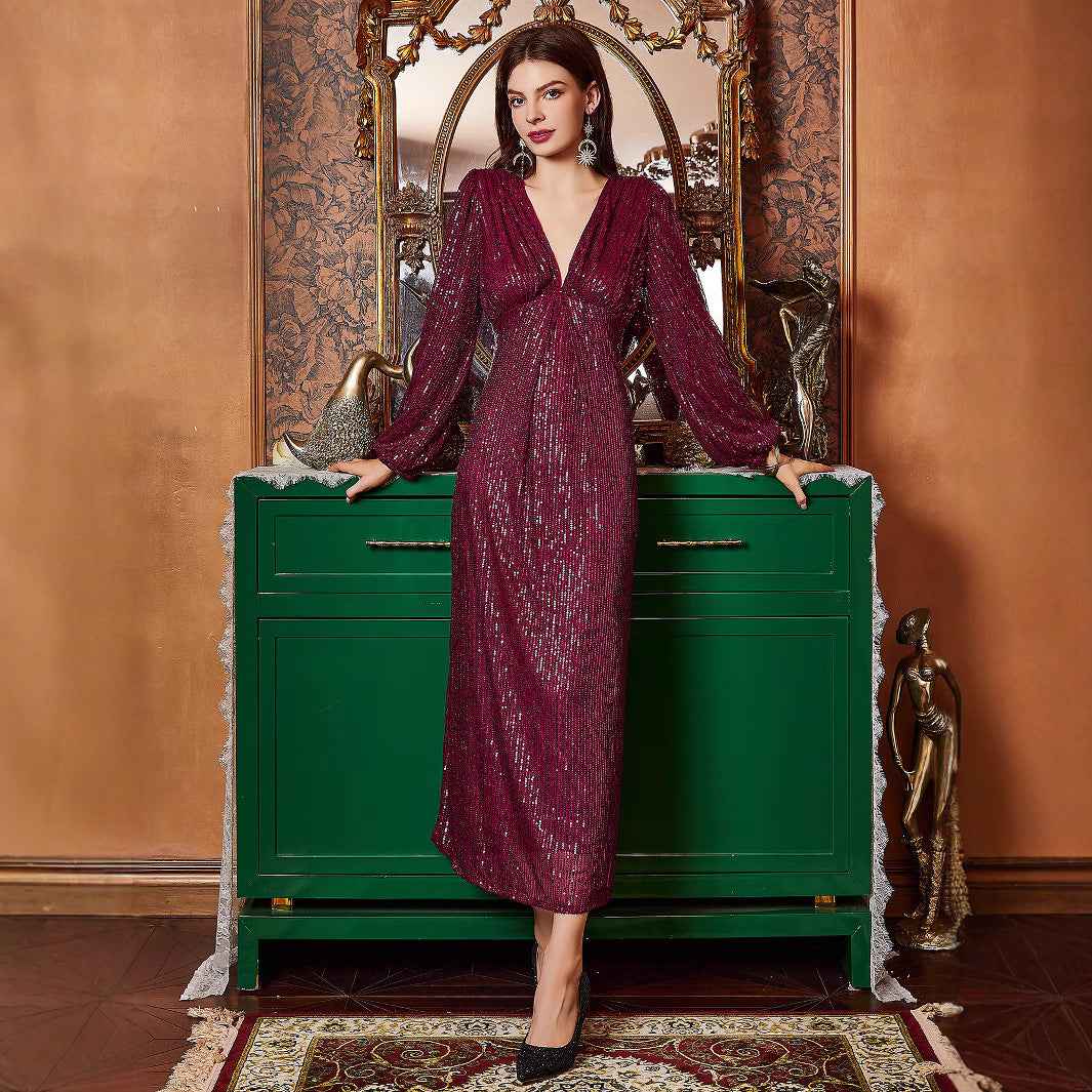 Solid Color V neck Sequined Elegant Slim Summer Cocktail Party Evening Dress