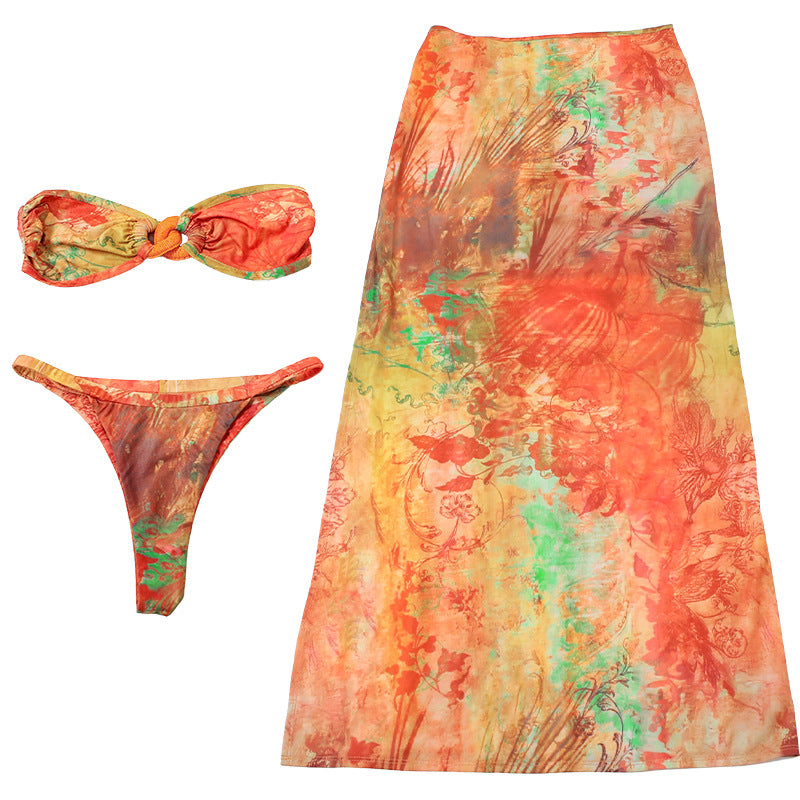 Spring Summer Women Sexy Tube Top Split Dress Bikini Three Piece Set - ALZO