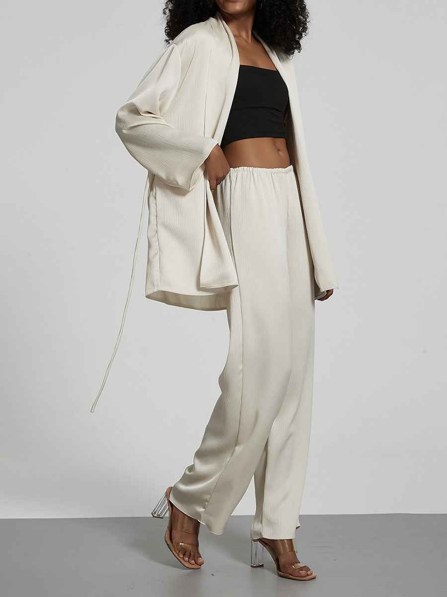 Women Clothing Two Piece Sets Loose Lace up Lead Peplum Top Wide Leg Trousers