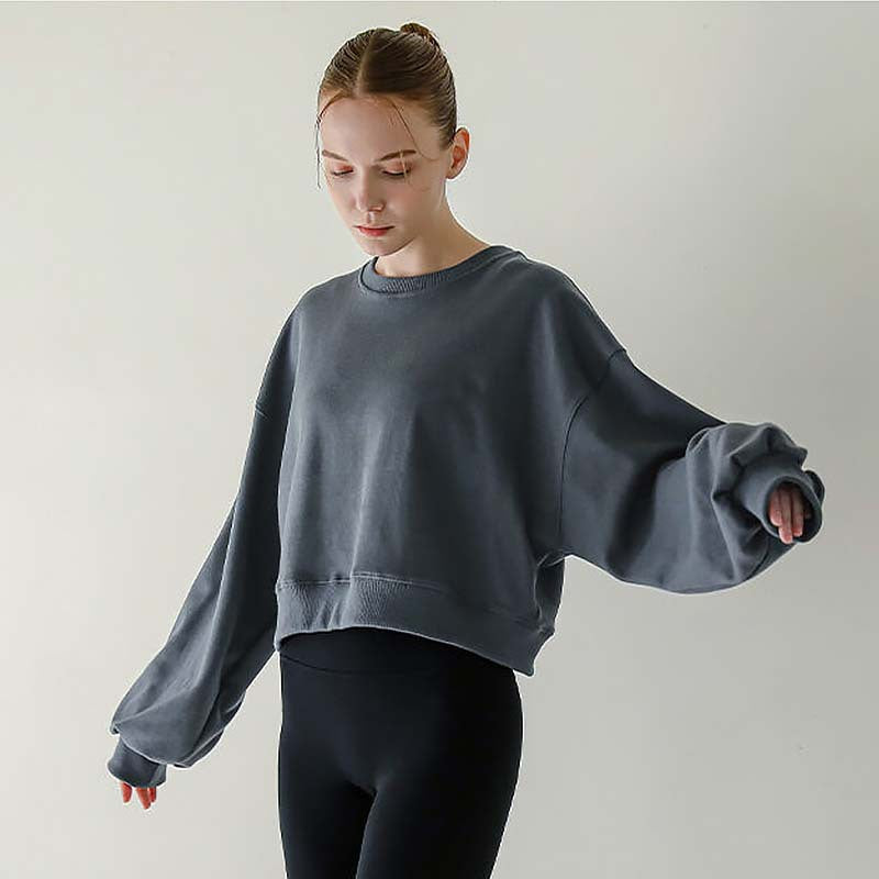 Short Sweatshirt Women Clothing Spring Autumn Long Sleeve round Neck Pullover Casual Yoga Clothes Sexy Fitness Sports Top - ALZO