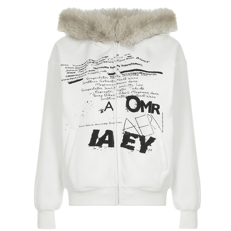 Retro Simple Letter Graphic Print Furry Stitching Hooded Cardigan Top Autumn Winter Thermal Velvet Sweatshirt Coat - ALZO