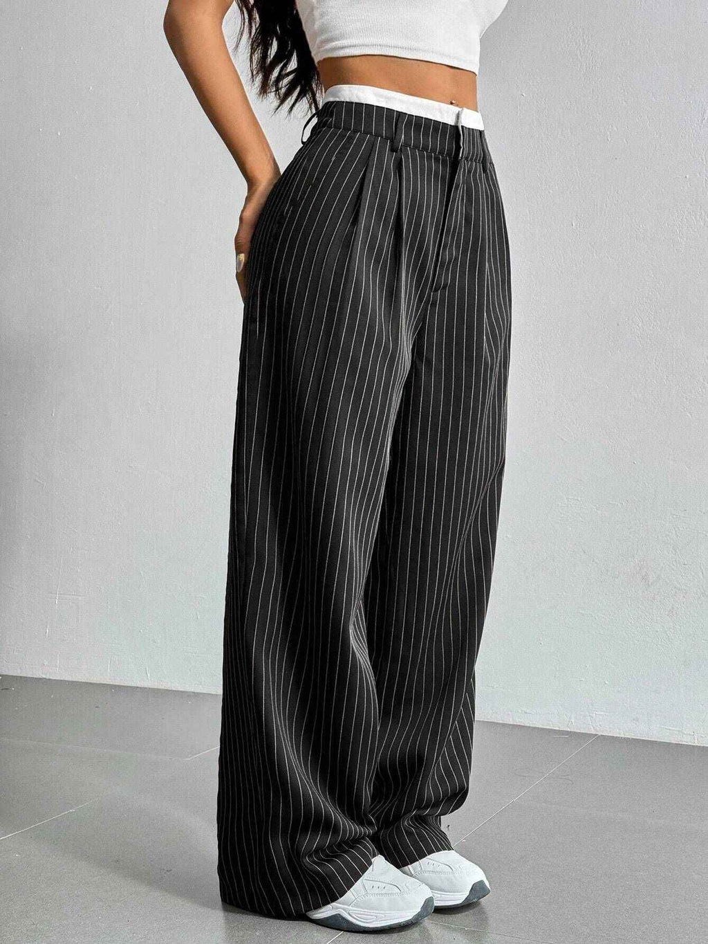 Autumn Winter Casual High Waist Stitching Work Pant Simple Loose Drooping Straight Leg Pants