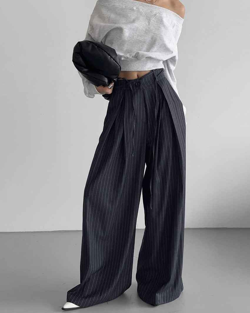 High Waist Striped Loose Drooping Casual Work Pant Autumn Winter Trousers Women
