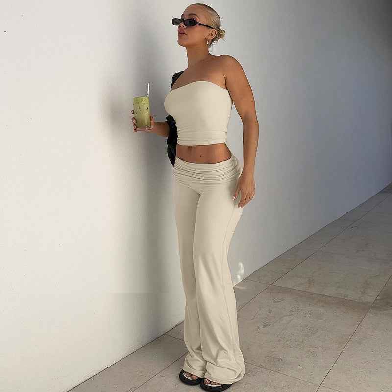 Women Clothing Autumn Solid Color Tube Top Top Flared Pants Slim Fit Suit Women