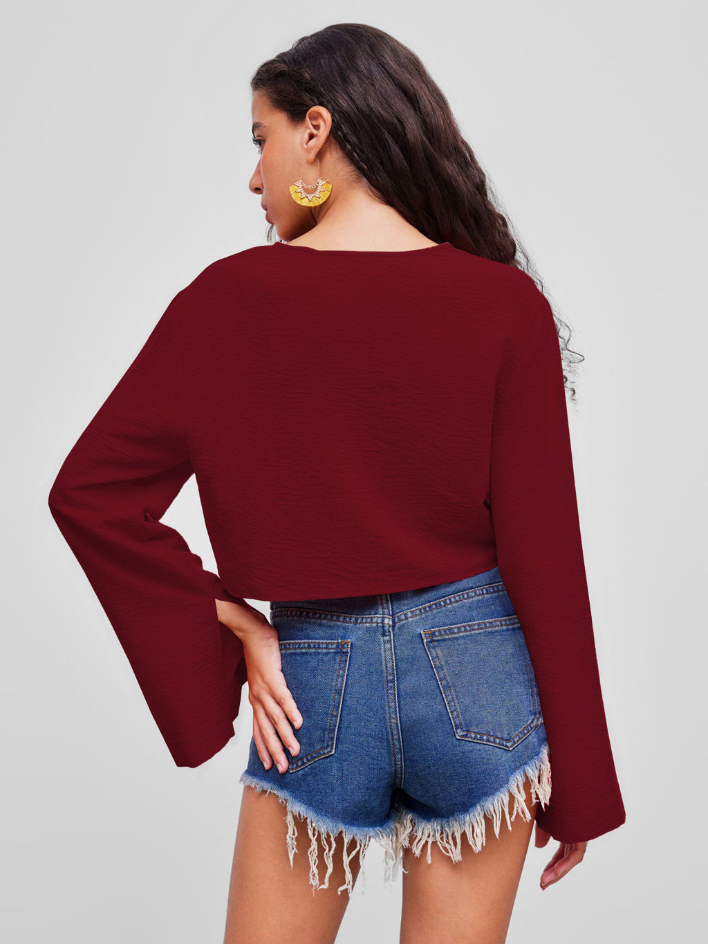 Sexy V Neck T Shirt Autumn Winter Chest Lace Up Niche Wine Red Cardigan Top Women - ALZO