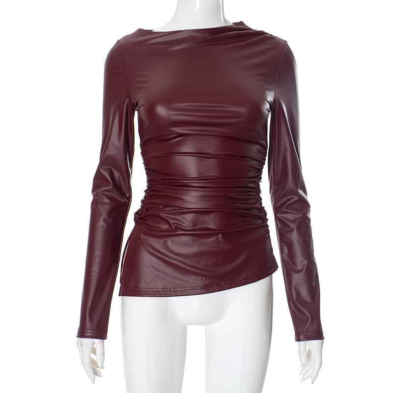Women Clothing Autumn Winter Leather Stitching Pleated Slim Fit Sexy Top